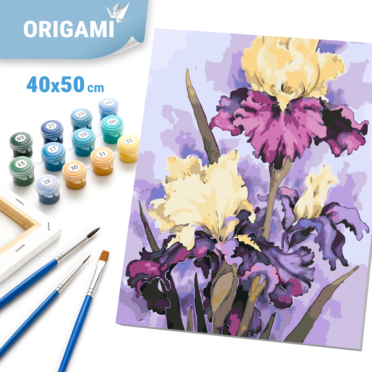 Malen nach Zahlen auf Keilrahmen 40×50 cm – Blumen. Luxuriöse Schwertlilien LW 32040