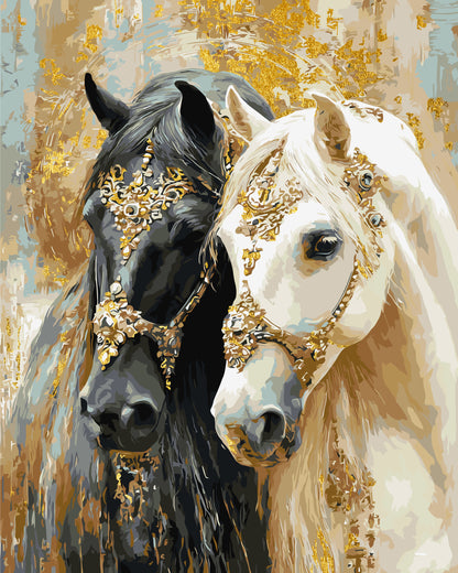 Malen nach Zahlen auf Keilrahmen 40×50 cm – Tiere mit Metallicfarben. Zwei Pferde LW 32210-01