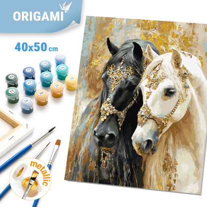 Malen nach Zahlen auf Keilrahmen 40×50 cm – Tiere mit Metallicfarben. Zwei Pferde LW 32210-01