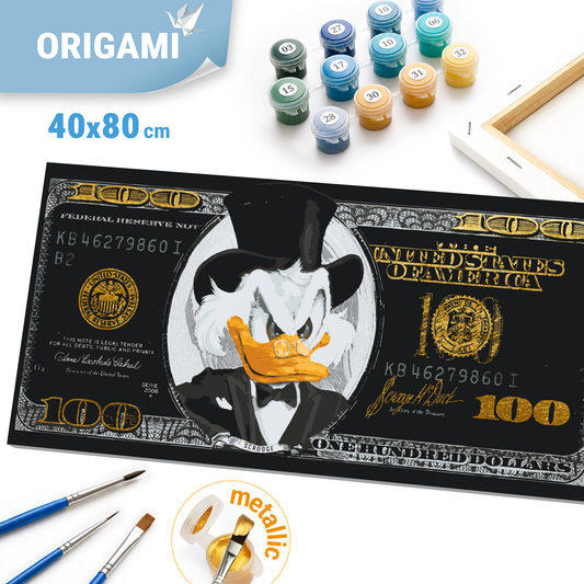 Malen nach Zahlen auf Keilrahmen 40×80 cm – Onkel Dagobert. Schwarzer Dollar mit Metallicfarben (Gold) LW 3287