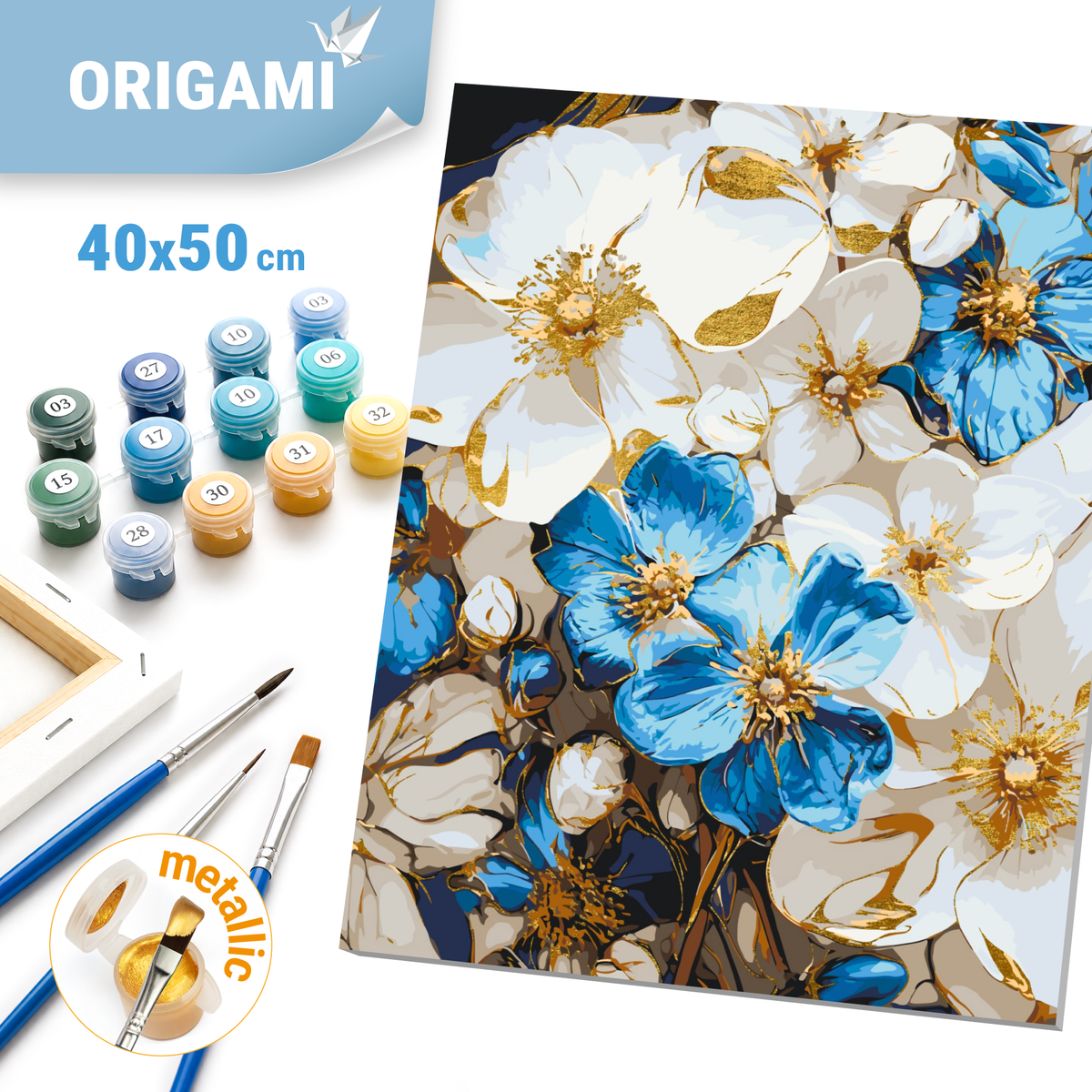 Malen nach Zahlen auf Keilrahmen 40×50 cm – Weiß-blaue Blumen mit Metallicfarben LW 3293