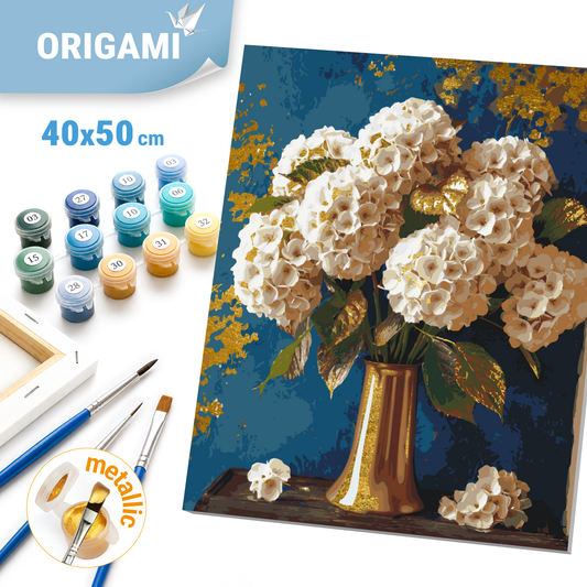 Malen nach Zahlen auf Keilrahmen 40×50 cm – Blumen. Hortensienstrauß mit Metallicfarben LW 3295