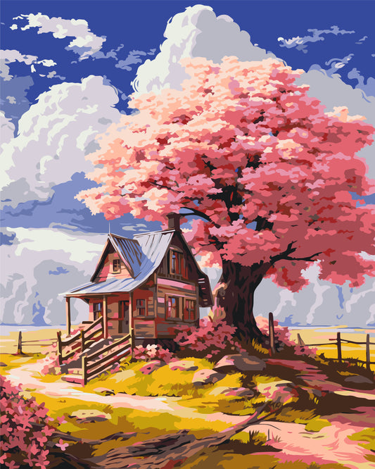 Malen nach Zahlen auf Keilrahmen 40×50 cm – Landschaft. Rosa Baum im Wald LW 3296