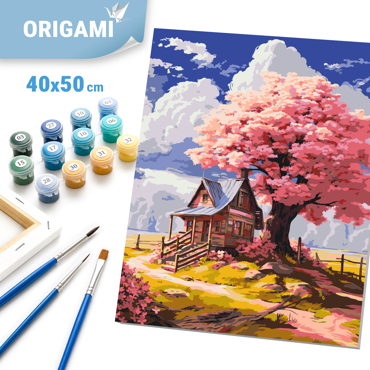 Malen nach Zahlen auf Keilrahmen 40×50 cm – Landschaft. Rosa Baum im Wald LW 3296