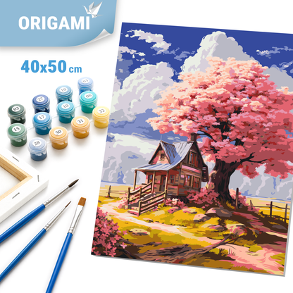 Malen nach Zahlen auf Keilrahmen 40×50 cm – Landschaft. Rosa Baum im Wald LW 3296