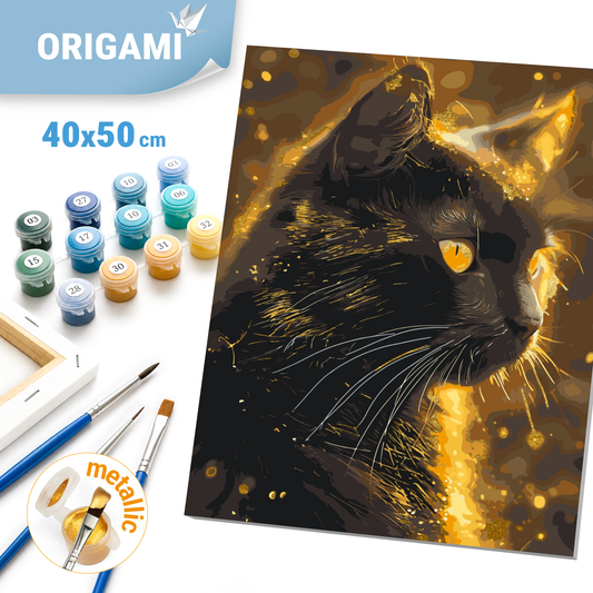 Malen nach Zahlen auf Keilrahmen 40×50 cm – Schwarze Katze. Tiere mit Metallicfarben LW 3301