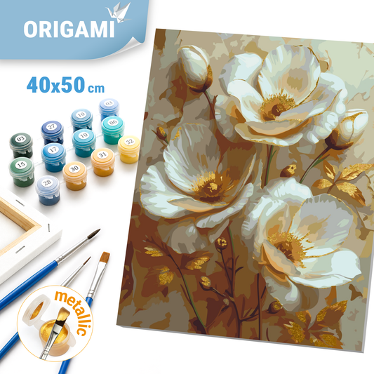 Malen nach Zahlen auf Keilrahmen 40×50 cm – Weiße Blumen mit Metallicfarben LW 3302