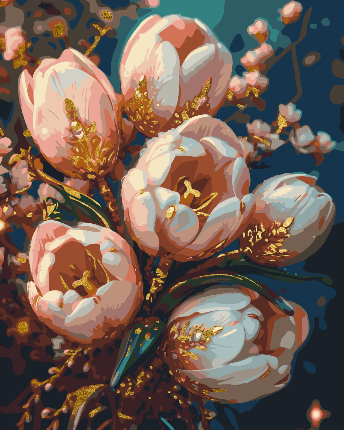Malen nach Zahlen auf Keilrahmen 40×50 cm – Blumen. Zarte Tulpen mit Metallicfarben (Gold) LW 3304