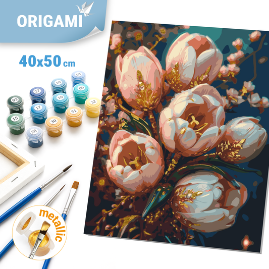 Malen nach Zahlen auf Keilrahmen 40×50 cm – Blumen. Zarte Tulpen mit Metallicfarben (Gold) LW 3304
