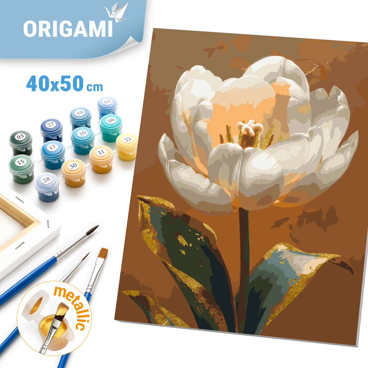 Malen nach Zahlen auf Keilrahmen 40×50 cm – Blumen. Weiße Pfingstrose mit Metallicfarben LW 3305