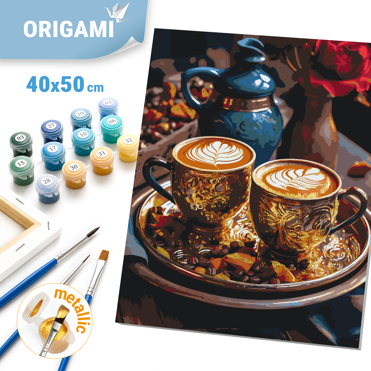Malen nach Zahlen auf Keilrahmen 40×50 cm – Stillleben. Duftender Kaffee mit Metallicfarben LW 3307