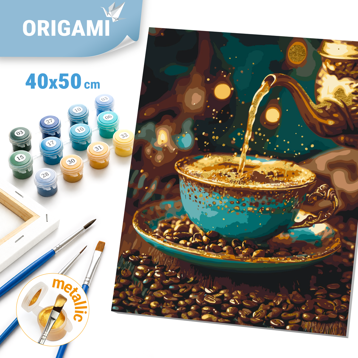 Malen nach Zahlen auf Keilrahmen 40×50 cm – Stillleben. Kaffee mit Zimt mit Metallicfarben LW 3308