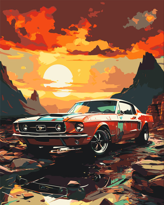 Malen nach Zahlen auf Keilrahmen 40×50 cm – Mustang bei Sonnenuntergang LW 3314