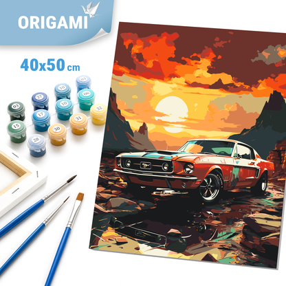 Malen nach Zahlen auf Keilrahmen 40×50 cm – Mustang bei Sonnenuntergang LW 3314