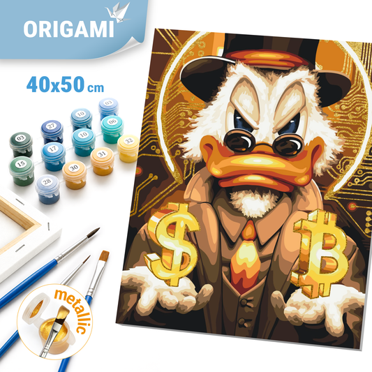 Malen nach Zahlen auf Keilrahmen 40×50 cm – Onkel Dagobert mit Metallicfarben (Gold) LW 3320