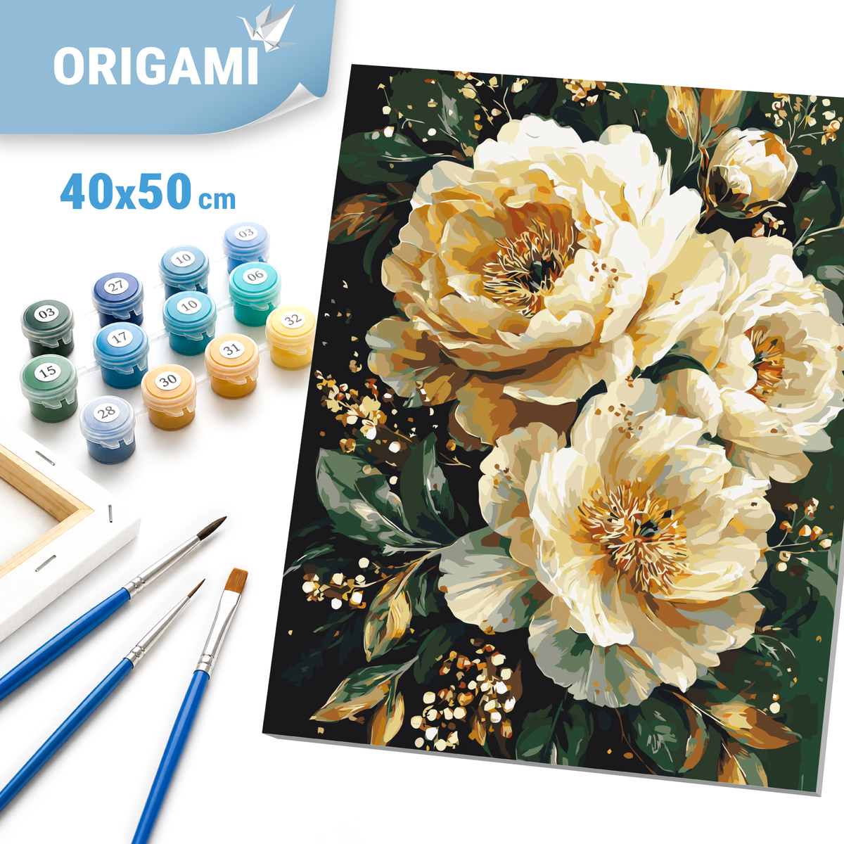 Malen nach Zahlen auf Keilrahmen 40×50 cm – Blumen mit Metallicfarben. Zarte Pfingstrosen LW 3327-01