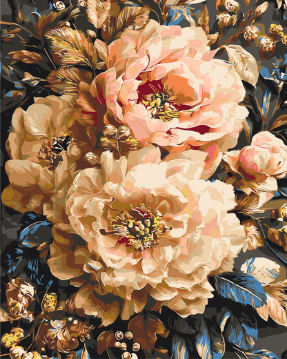 Malen nach Zahlen auf Keilrahmen 40×50 cm – Blumen. Karamellfarbene Pfingstrosen LW 3330-01