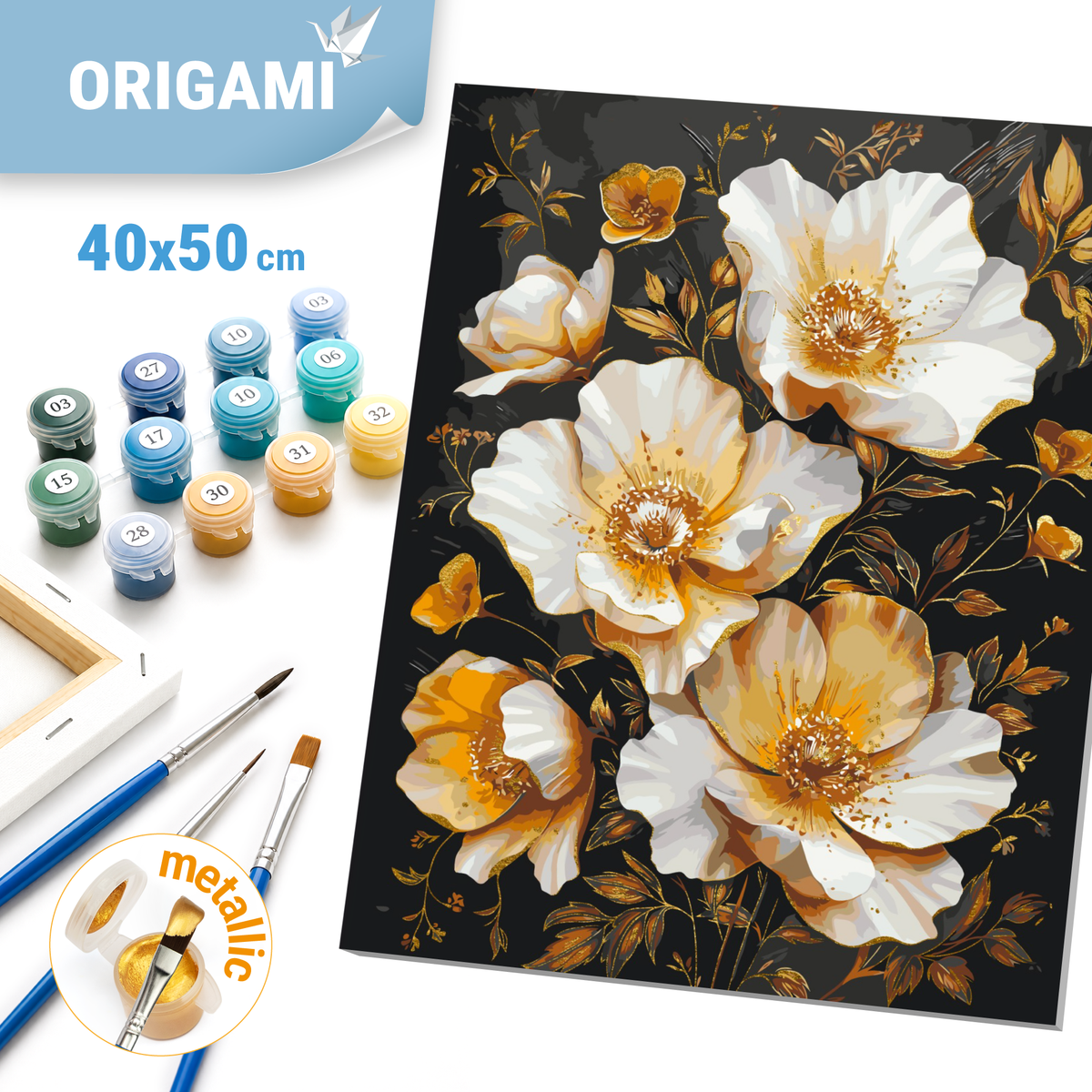 Paint by Numbers on a 40*50 cm frame Golden Flowers on a Black Background. With metallic paints LW 3335