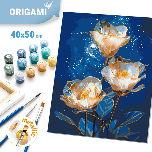 Malen nach Zahlen auf Keilrahmen 40×50 cm – Blumen Kosmische Alstroemerien mit Metallicfarben LW 3337