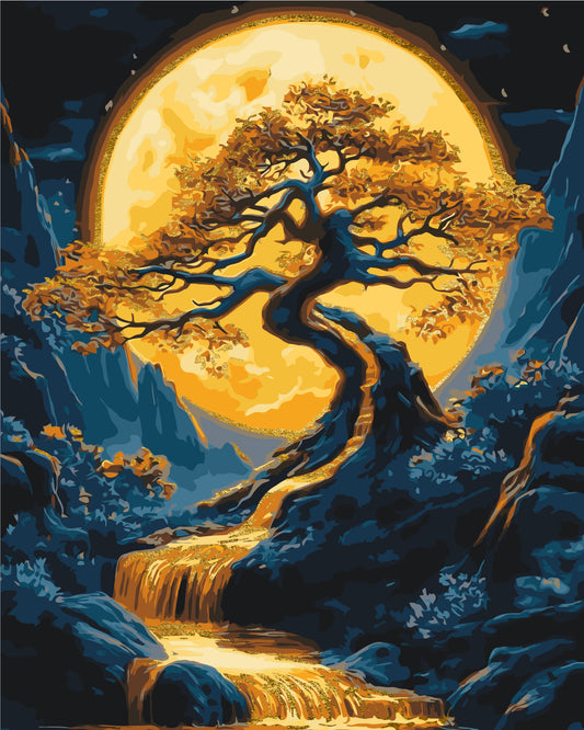 Malen nach Zahlen auf Keilrahmen 40×50 cm – Landschaft. Baum mit Metallicfarben LW 3428
