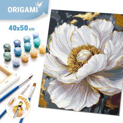 Malen nach Zahlen auf Keilrahmen 40×50 cm – Blumen. Weiße Pfingstrose mit Metallicfarben LW 3429