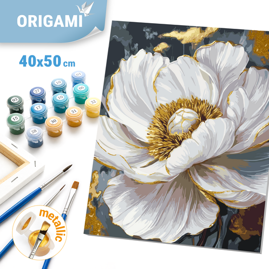 Malen nach Zahlen auf Keilrahmen 40×50 cm – Blumen. Weiße Pfingstrose mit Metallicfarben LW 3429