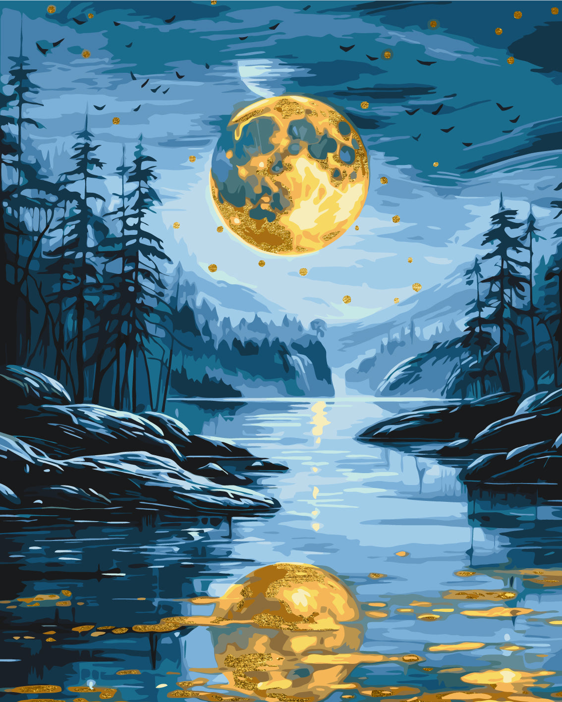 Malen nach Zahlen auf Keilrahmen 40×50 cm – Abendlandschaft mit Metallicfarben LW 3442