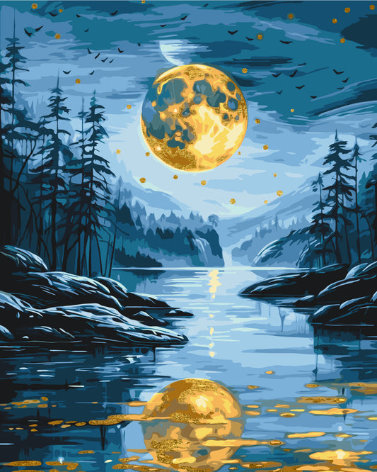 Malen nach Zahlen auf Keilrahmen 40×50 cm – Abendlandschaft mit Metallicfarben LW 3442