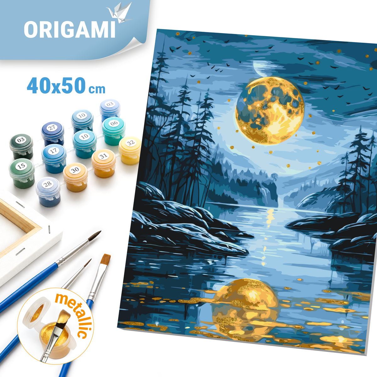 Malen nach Zahlen auf Keilrahmen 40×50 cm – Abendlandschaft mit Metallicfarben LW 3442