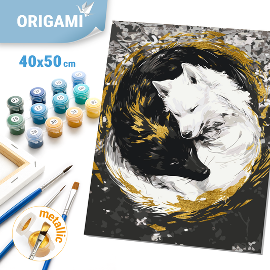 Malen nach Zahlen auf Keilrahmen 40×50 cm – Tiere. Wolfspaar (Yin-Yang) mit Metallicfarben LW 3458