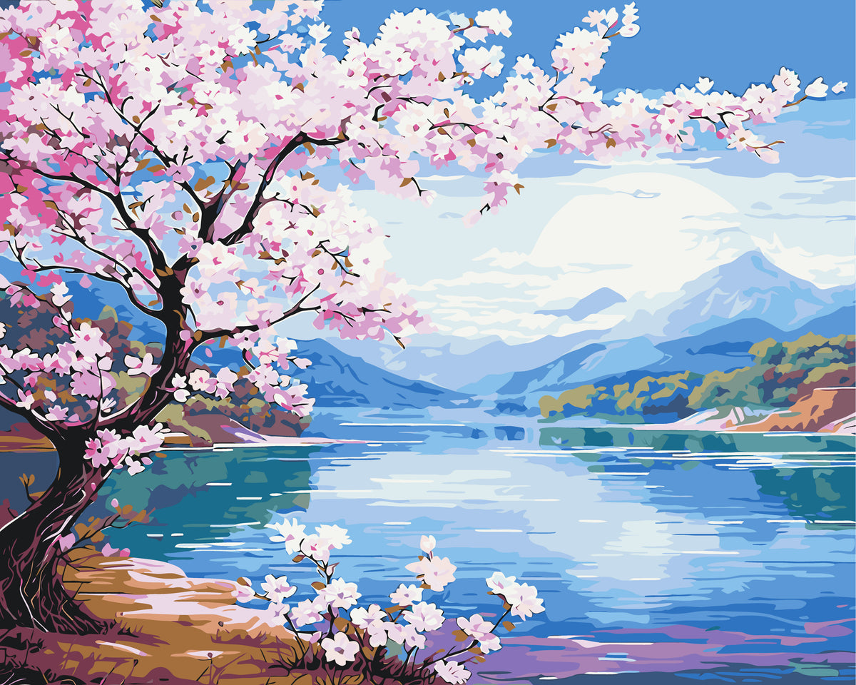 Maľovanie podľa čísel na ráme 40*50 cm - Sakura pri rieke - Krajinka - LW 3488