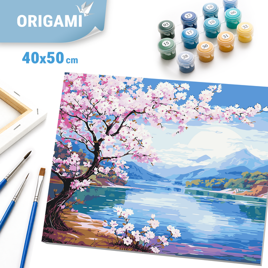 Maľovanie podľa čísel na ráme 40*50 cm - Sakura pri rieke - Krajinka - LW 3488