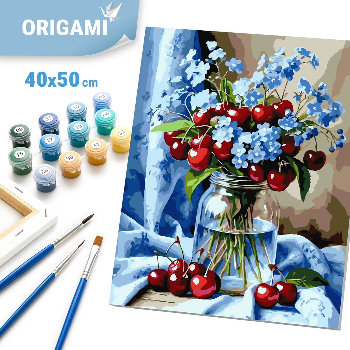 Malen nach Zahlen auf Keilrahmen 40×50 cm – Stillleben/Blumen. Blumenstrauß mit Kirschen LW 3505