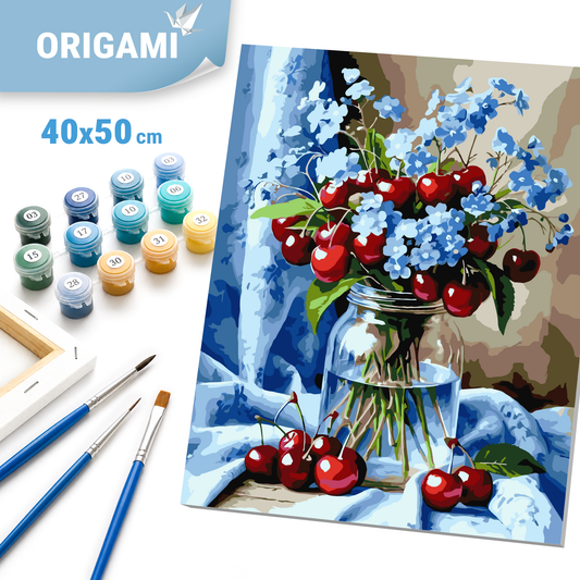 Malen nach Zahlen auf Keilrahmen 40×50 cm – Stillleben/Blumen. Blumenstrauß mit Kirschen LW 3505