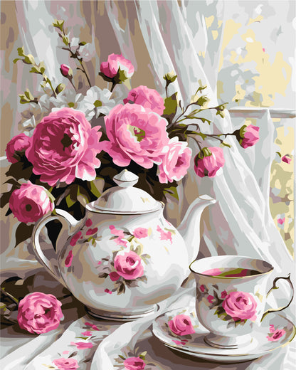 Malen nach Zahlen auf Keilrahmen 40×50 cm – Blumen/Stillleben. Tee mit Blumen LW 3506