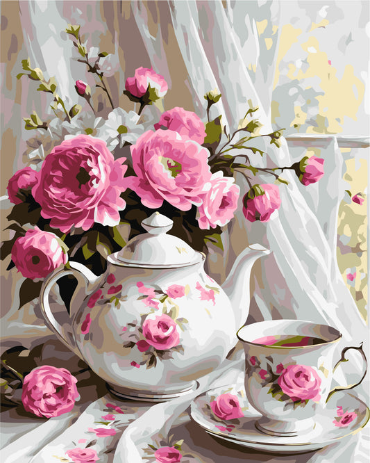 Malen nach Zahlen auf Keilrahmen 40×50 cm – Blumen/Stillleben. Tee mit Blumen LW 3506