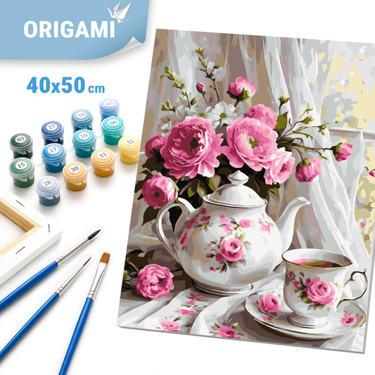 Malen nach Zahlen auf Keilrahmen 40×50 cm – Blumen/Stillleben. Tee mit Blumen LW 3506