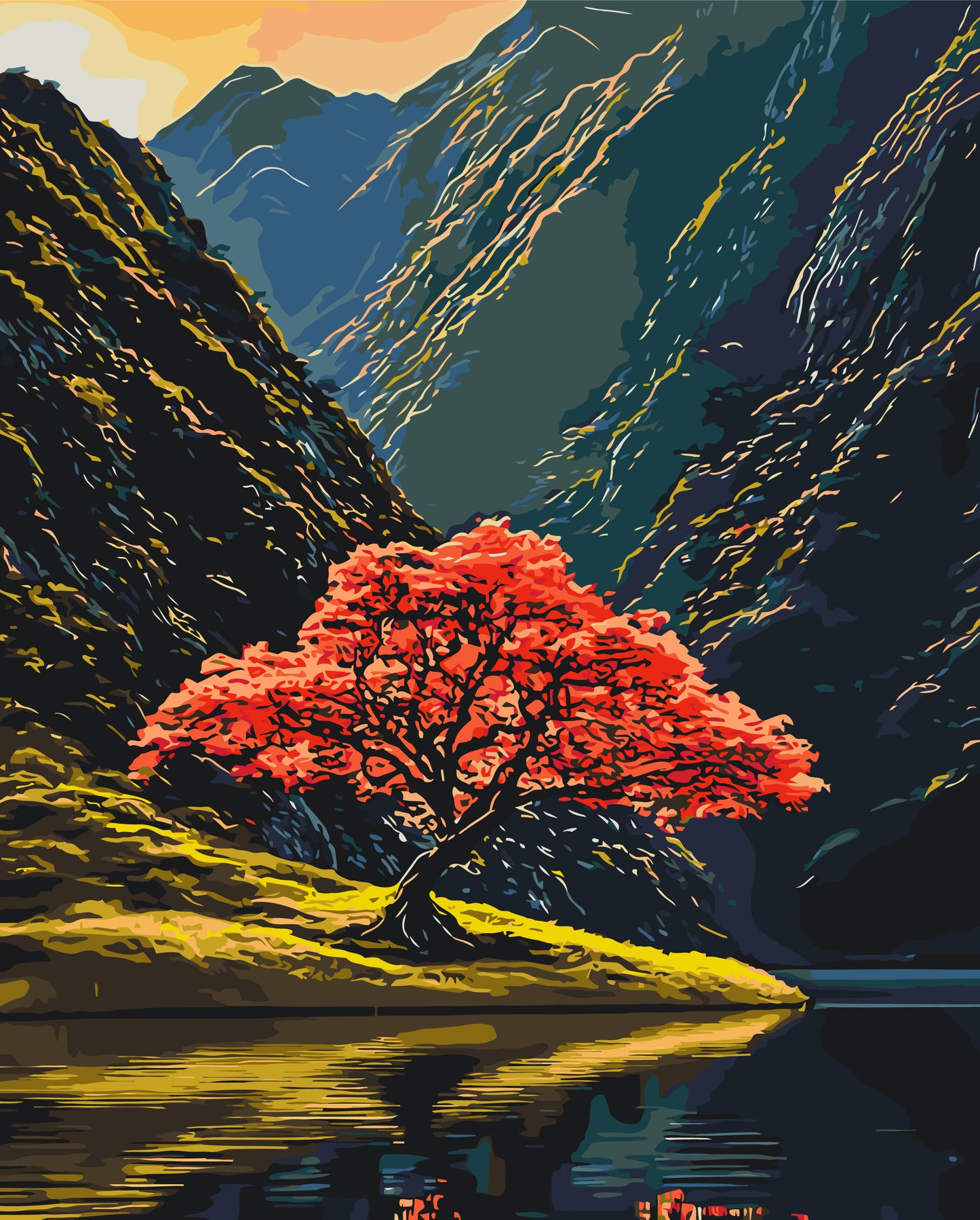 Malen nach Zahlen auf Keilrahmen 40×50 cm – Landschaft – Baum zwischen den Bergen LW 3514