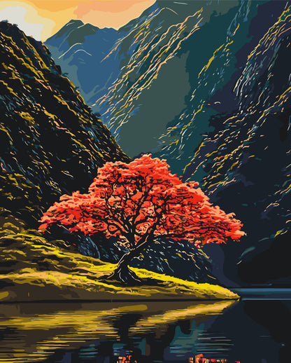 Malen nach Zahlen auf Keilrahmen 40×50 cm – Landschaft – Baum zwischen den Bergen LW 3514