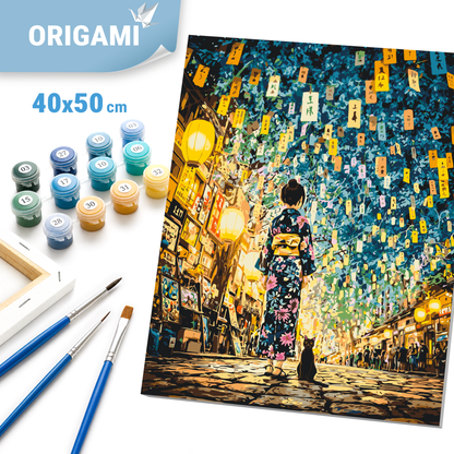 Malen nach Zahlen auf Keilrahmen 40×50 cm – Japanische Nacht. Mädchen mit Katze LW 3515