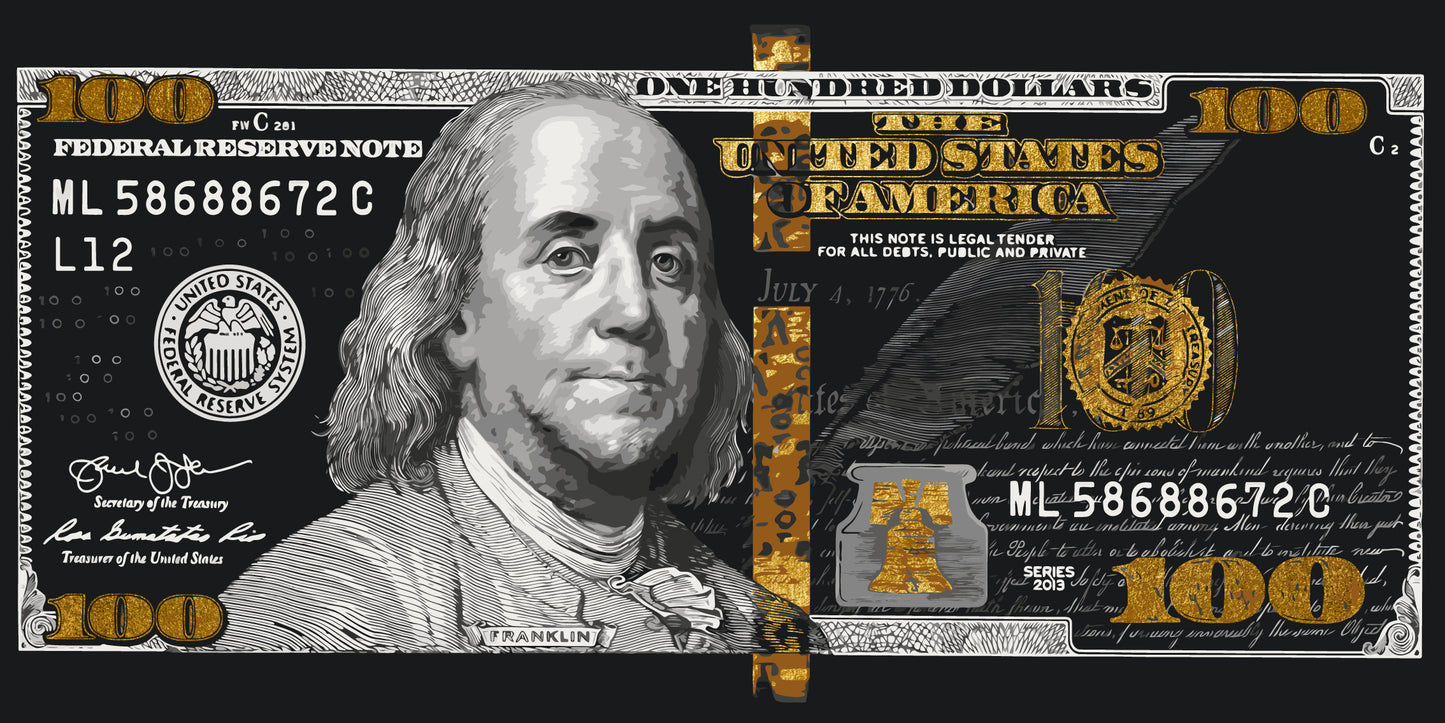 Malen nach Zahlen auf Keilrahmen 40×80 cm – Franklin. Dollar (100 Dollar) mit Metallicfarben (Gold) LW 5100