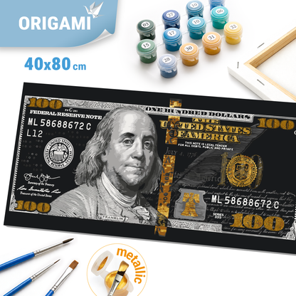 Malen nach Zahlen auf Keilrahmen 40×80 cm – Franklin. Dollar (100 Dollar) mit Metallicfarben (Gold) LW 5100