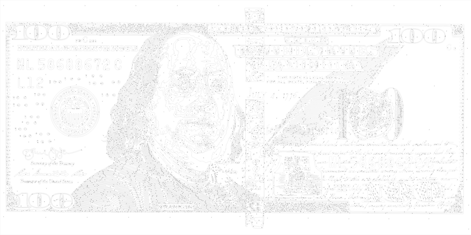 Malen nach Zahlen auf Keilrahmen 40×80 cm – Franklin. Dollar (100 Dollar) mit Metallicfarben (Gold) LW 5100