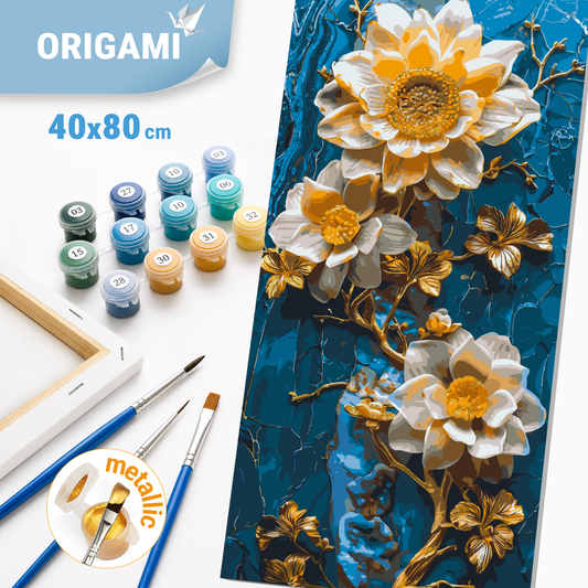 Malen nach Zahlen auf Keilrahmen 40×80 cm – Blumen auf blauem Hintergrund – Blumen mit Metallicfarben – LW 5102
