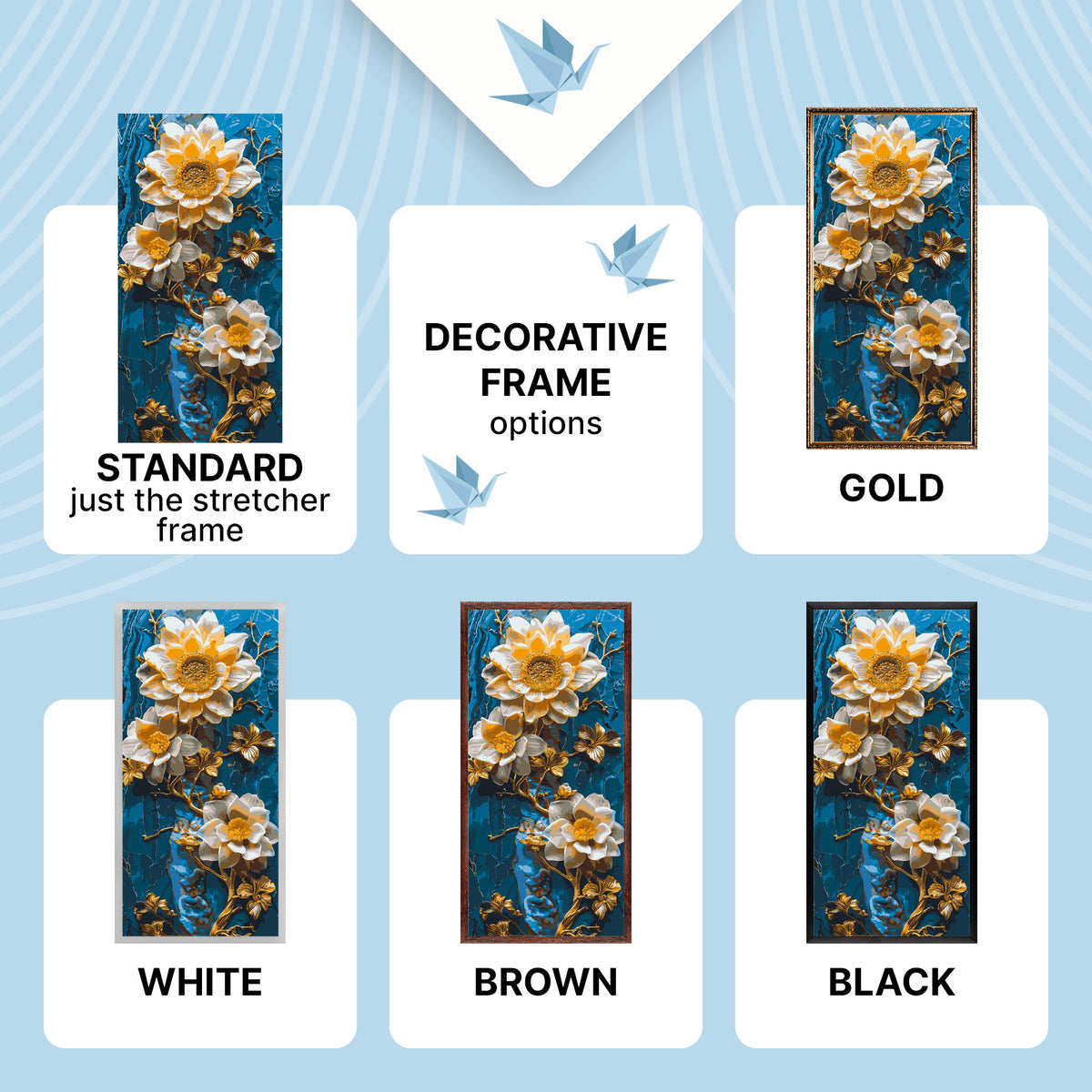 Malen nach Zahlen auf Keilrahmen 40×80 cm – Blumen auf blauem Hintergrund mit Metallicfarben – Blumen – LW 5102