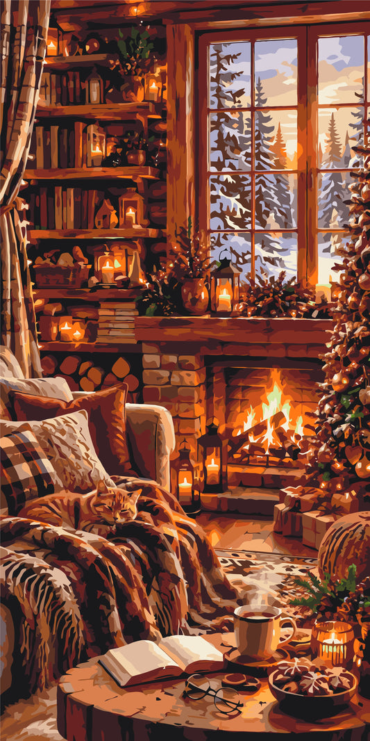 Winterabend am Kamin – Malen nach Zahlen 40×80 cm