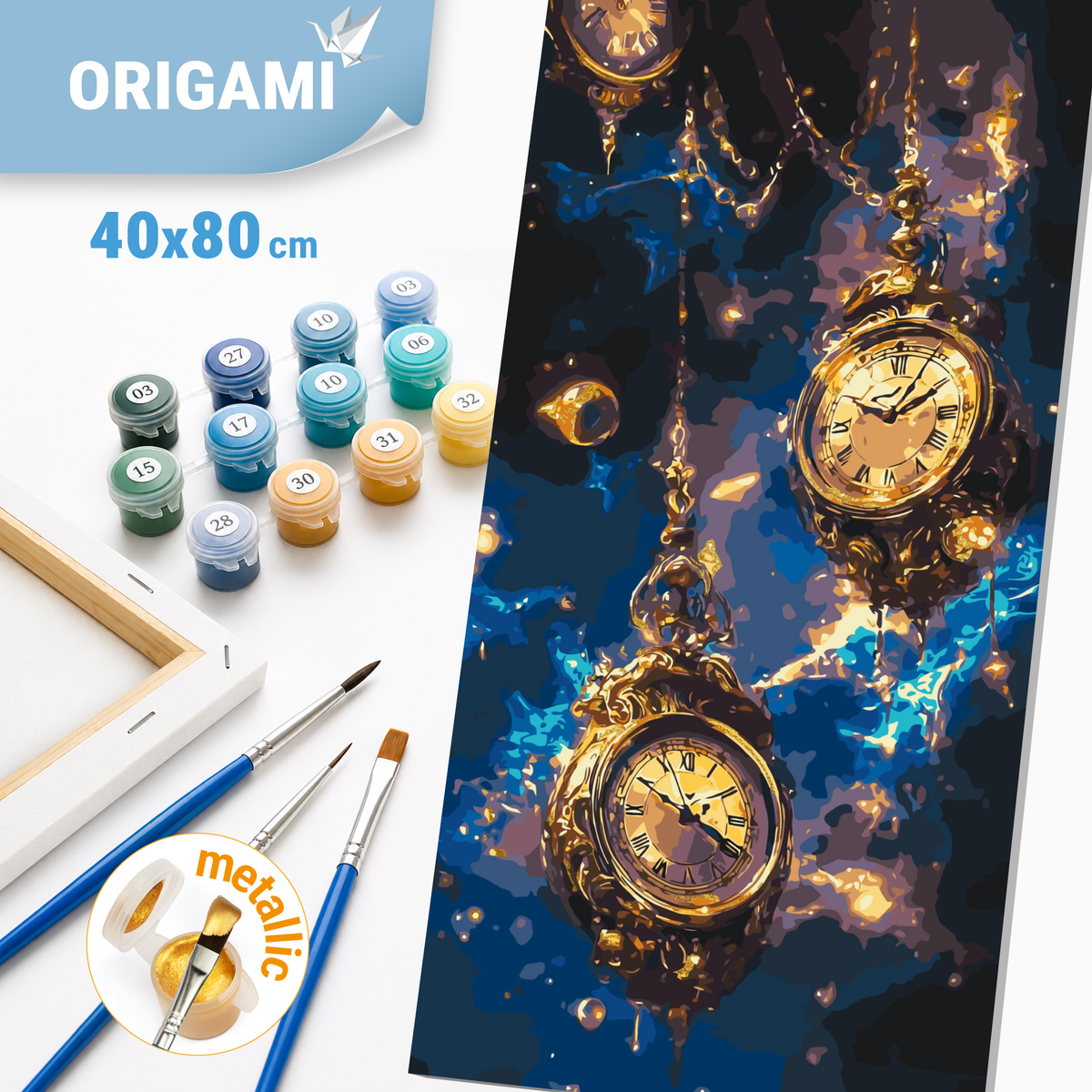 Malen nach Zahlen auf Keilrahmen 40×80 cm – Magische Uhr mit goldenen Metallicfarben – Weltraum – LW 5113