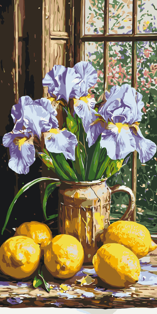 Malen nach Zahlen auf Keilrahmen 40×80 cm – Blumen/Stillleben. Schwertlilien mit Zitronen LW 5117