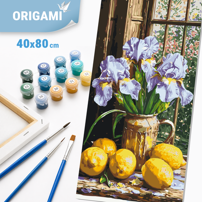 Malen nach Zahlen auf Keilrahmen 40×80 cm – Blumen/Stillleben. Schwertlilien mit Zitronen LW 5117