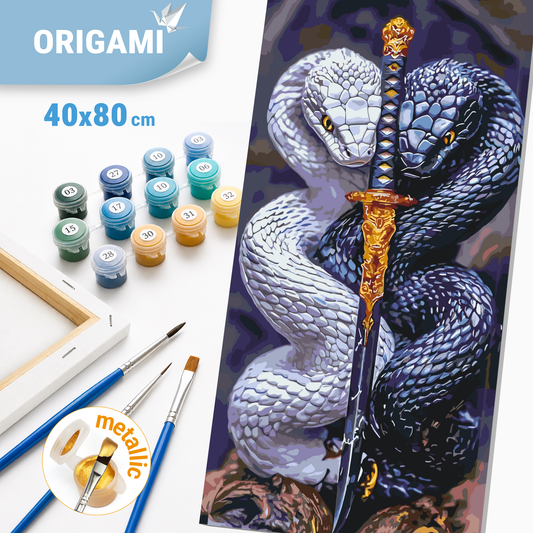 Malen nach Zahlen auf Keilrahmen 40×80 cm – Wächter des Schwertes (Schlangen) – Tiere mit Metallicfarben – LW 5136